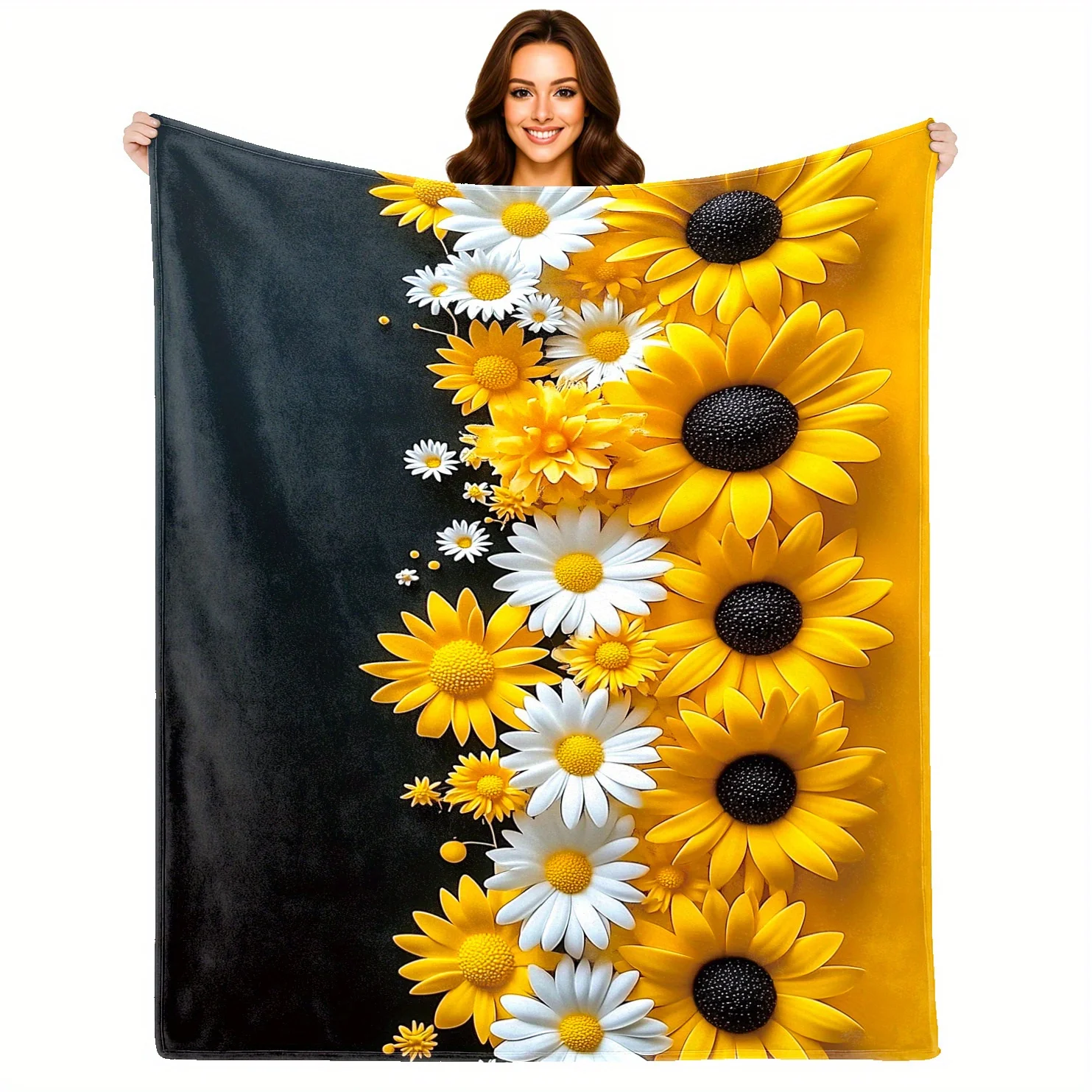 Sunflower Daisy Throw Blanket Black Yellow Split Contrast Floral Pattern For Modern Living Room Bedroom Decor