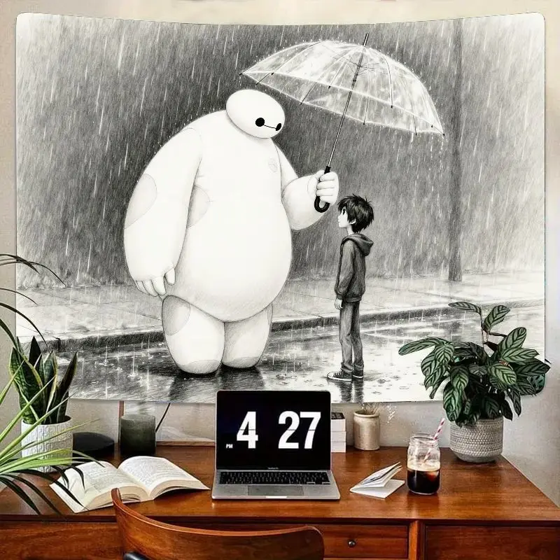 

1 шт. Big Hero 6 Baymax Hiro Гобелен дружбы, настенное искусство с эскизом дождливого дня, полиэстеровый декор для гостиной, спальни, общежития, аниме F