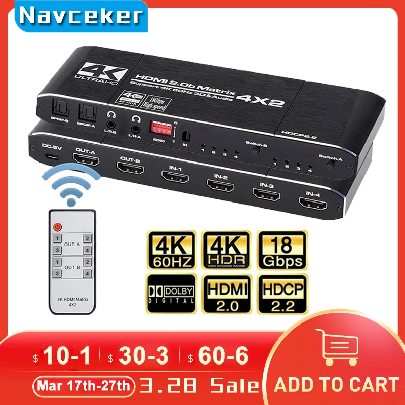 2023 4K@60Hz  HDMI Matrix 4x2 Switch Splitter Support HDCP 2.2 IR Remote Control HDMI Switch 4x2 Spdif 4K HDMI 4x2 Matrix Switch