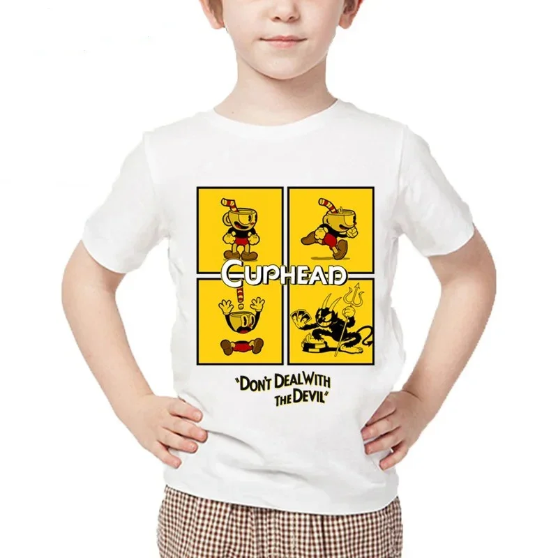 Kids Cartoon Cuphead Print T shirt Children Dabbing Cuphead Design Summer Tops Boys and Girls Casual White T-shirt