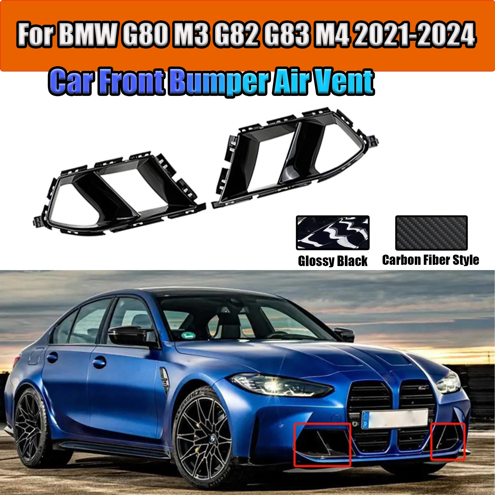 For 2021-2024 BMW G80 M3 G82 G83 M4 Car Front Bumper Air Vent Cover 2PCS Grill Trim Fog Light Cover Car Air Duct Decoration