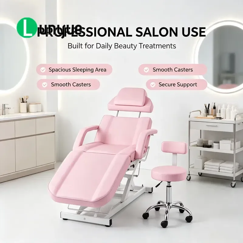 Commercial Adjustable Recliner Beauty Chair Pink Leather Massage Bed with Roller Stool Full Set for Spa Furniture