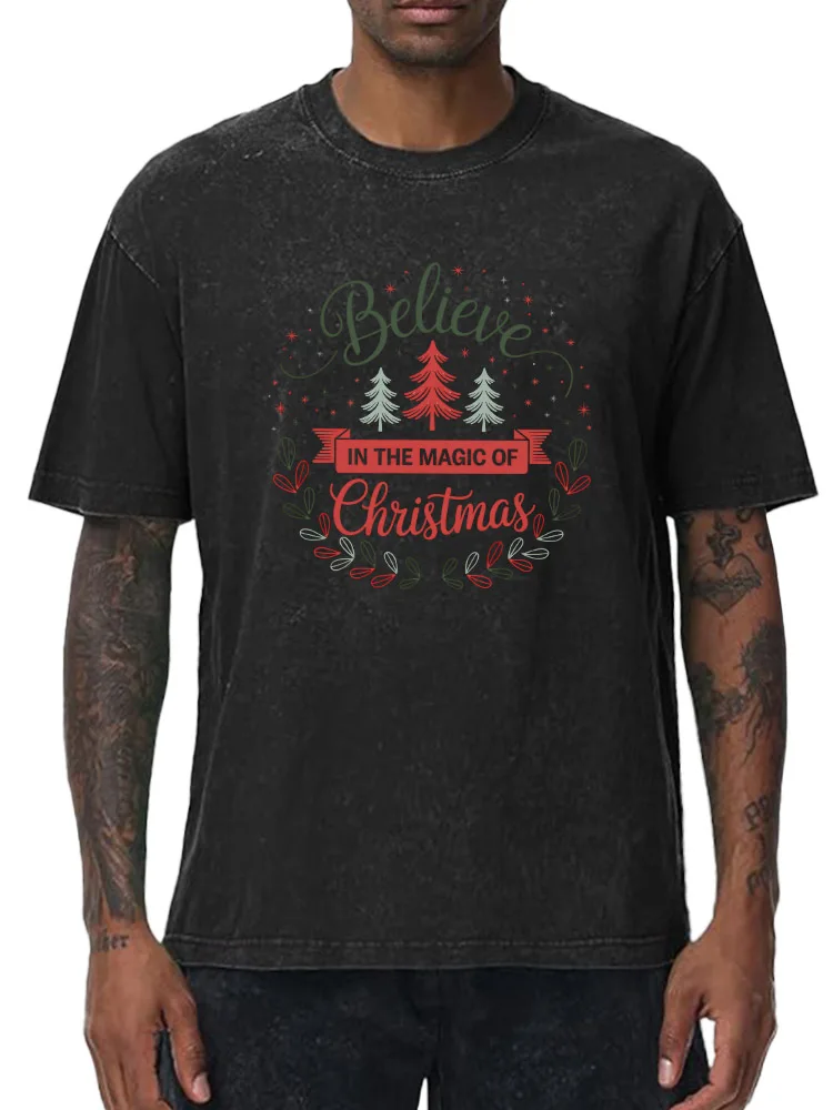 

Winter Wonderland Men's Oversized Washed Graphic T-Shirt Christmas Print Streetwear Tee Vintage Casual Top