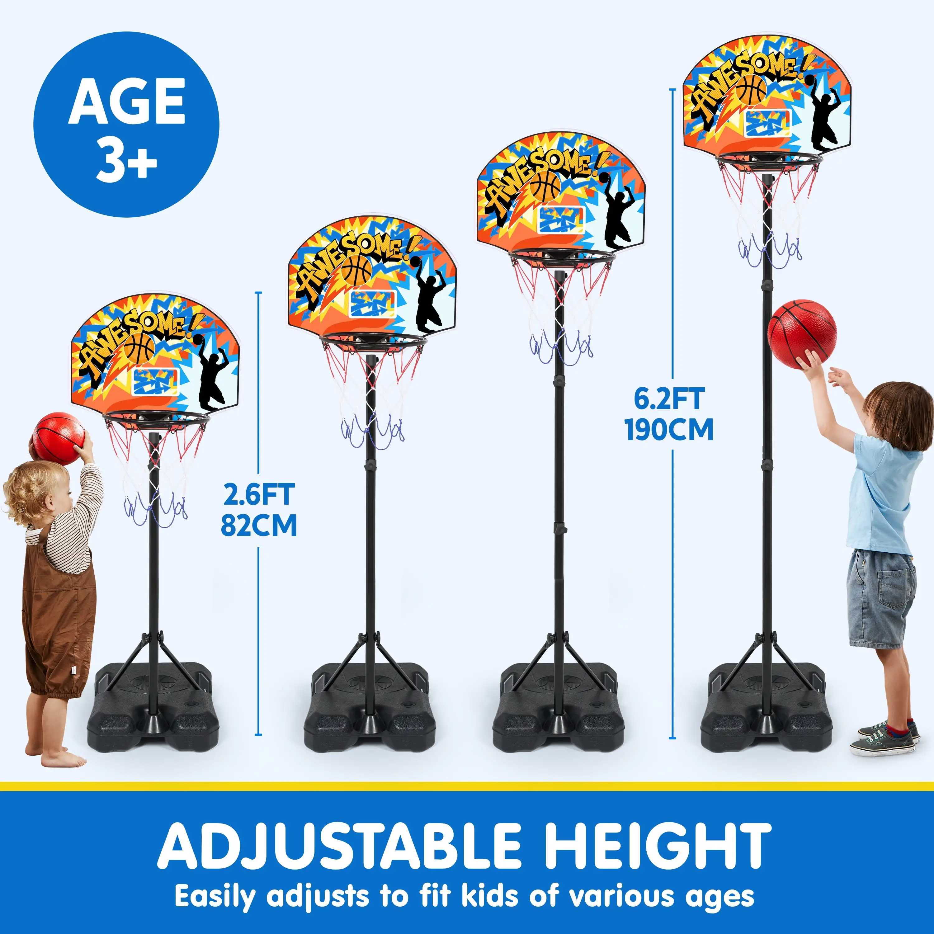 JOYFY Canestro da basket per bambini regolabile da 2,8-6,2 piedi con 4 palline Set da gioco per palla da basket per interni ed esterni per ragazzi e ragazze