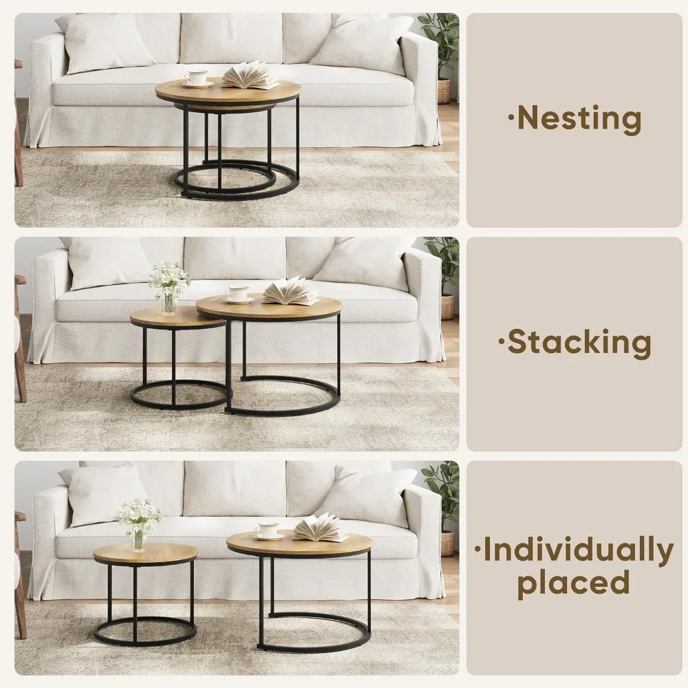 Round Wood Grain Coffee Table Set of 2 with Adjustable Feet, Industrial Style, Non-Slip Stability, Nesting End Tables