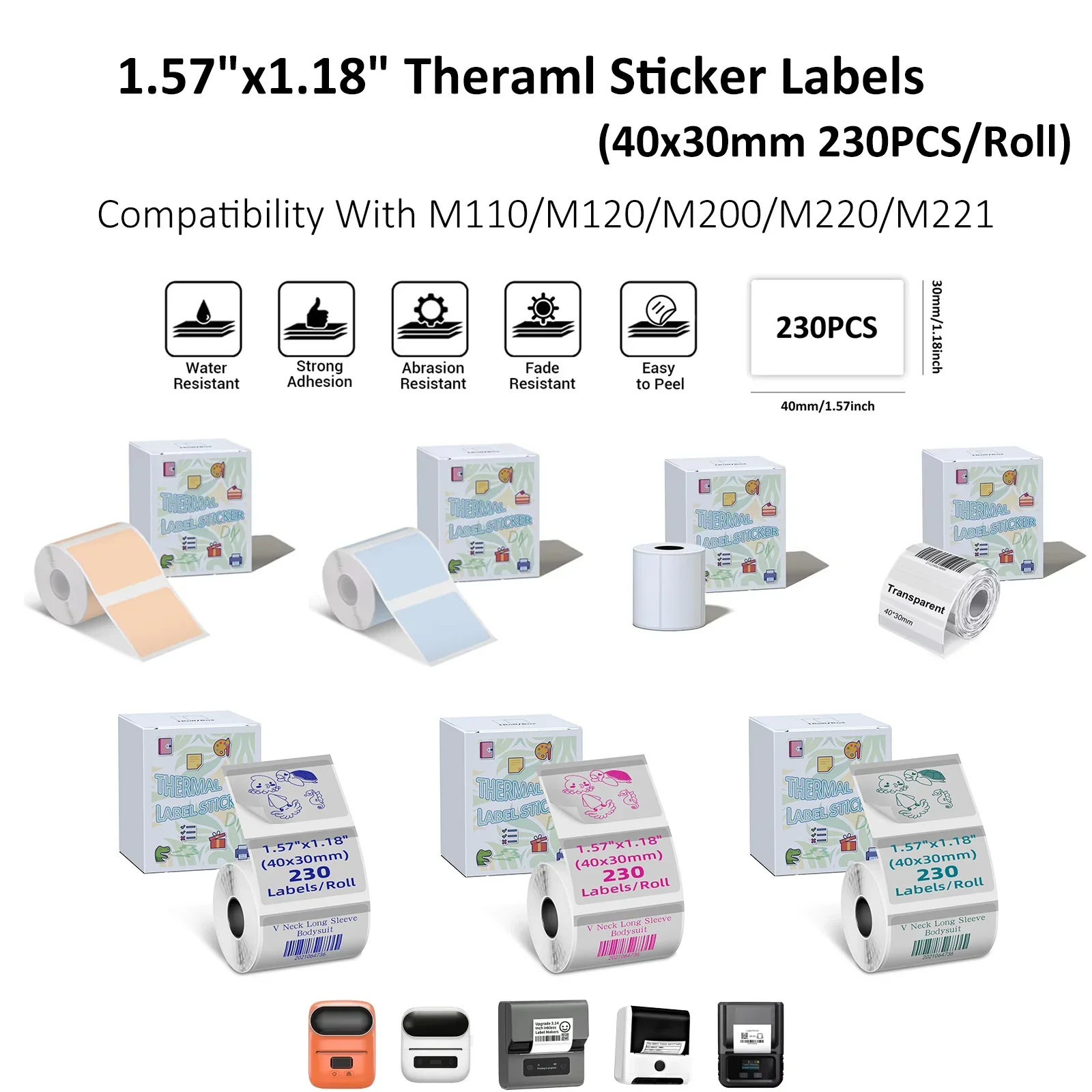 Thermal Rectangle Labels,White/Color/Transparent Sticker Label,Compatible With M110/M120/M200/M220 Label Makers For DIY Creation