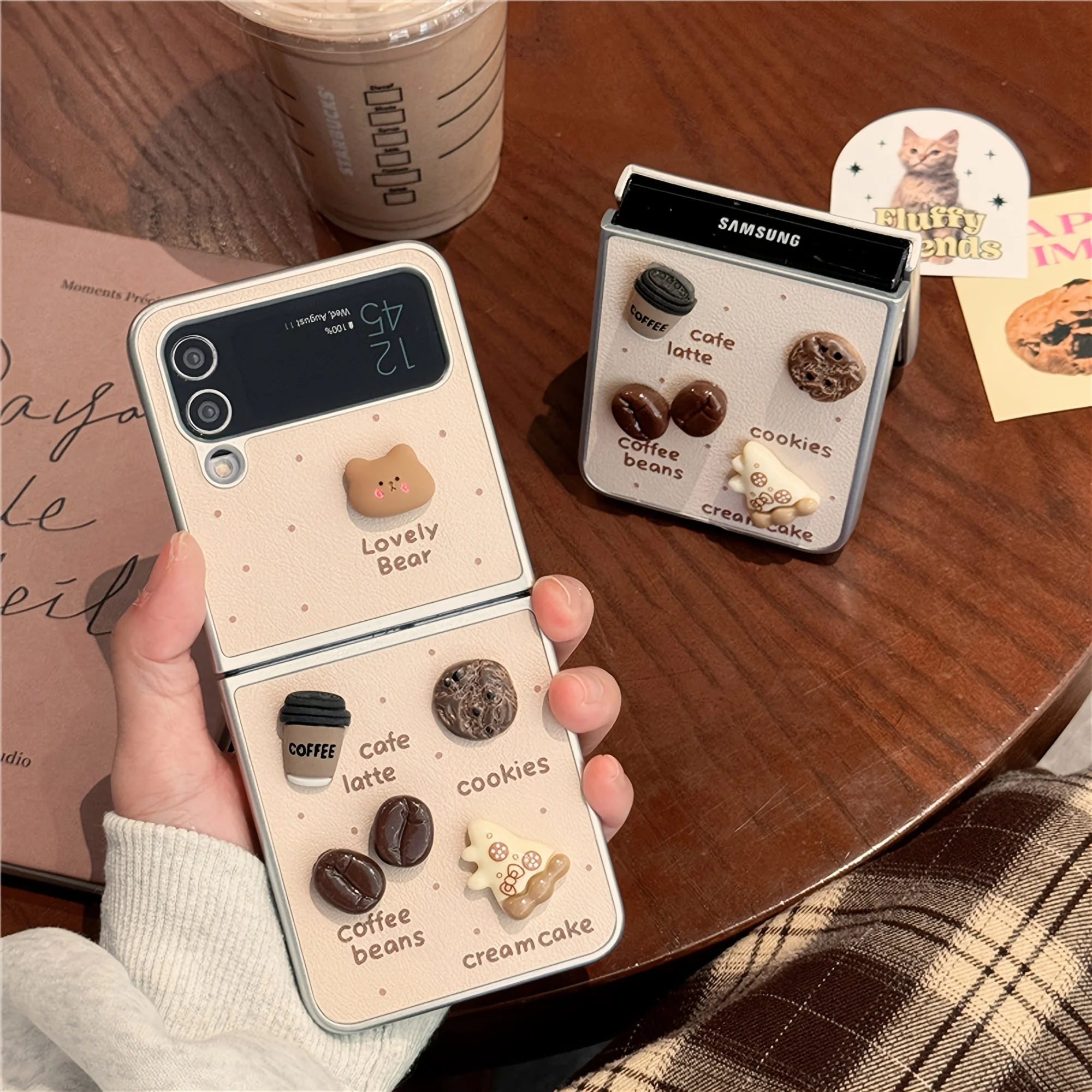 New Little Fresh Plating Veneer Bear Coffee Folding Phone Case for Samsung Galaxy Z Flip 6 5 4 3