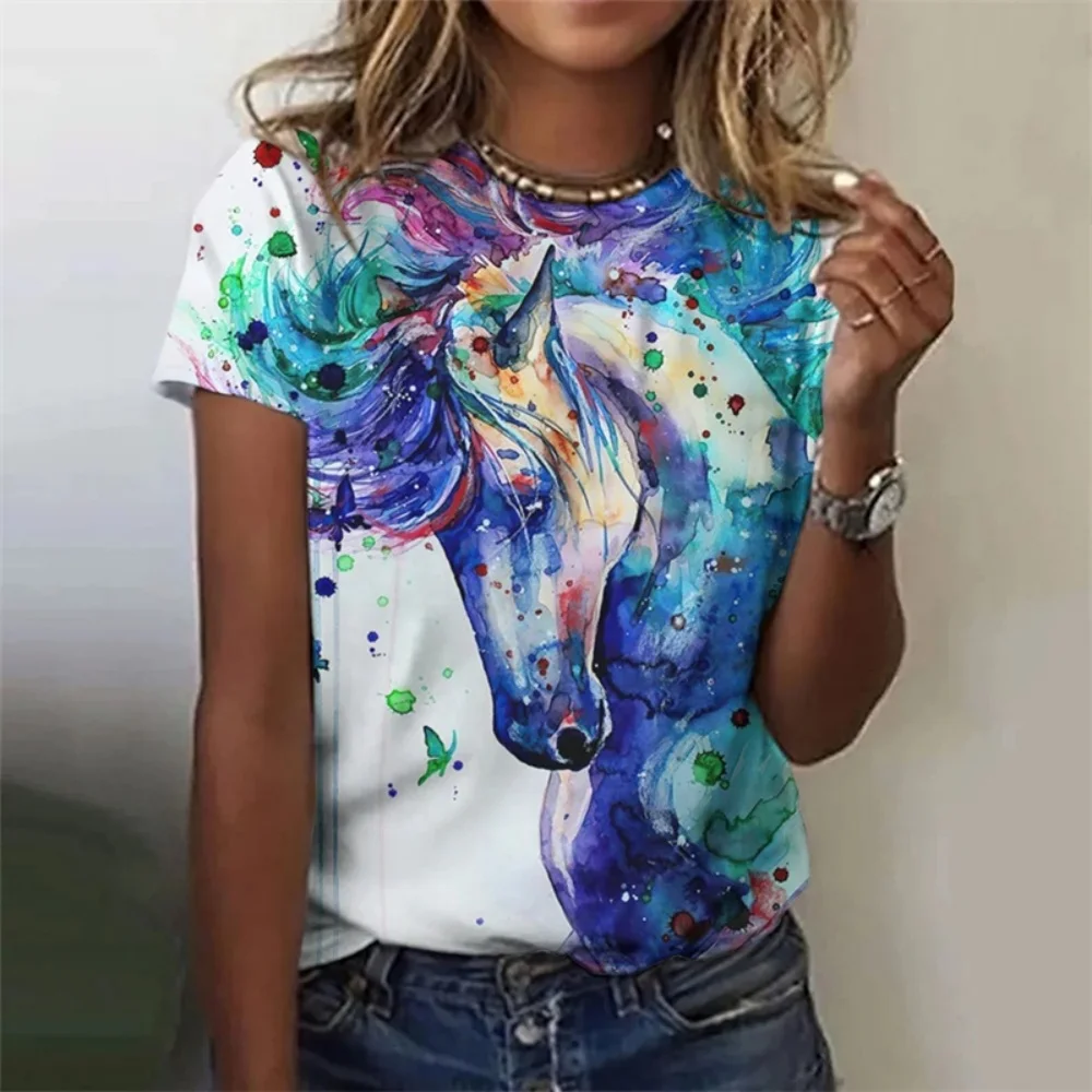 

Винтажная футболка для женщин, повседневная футболка с 3D принтом, красочный олень, абстрактная геометрия, графические короткие рукава, летние уличные футболки с круглым вырезом, топы