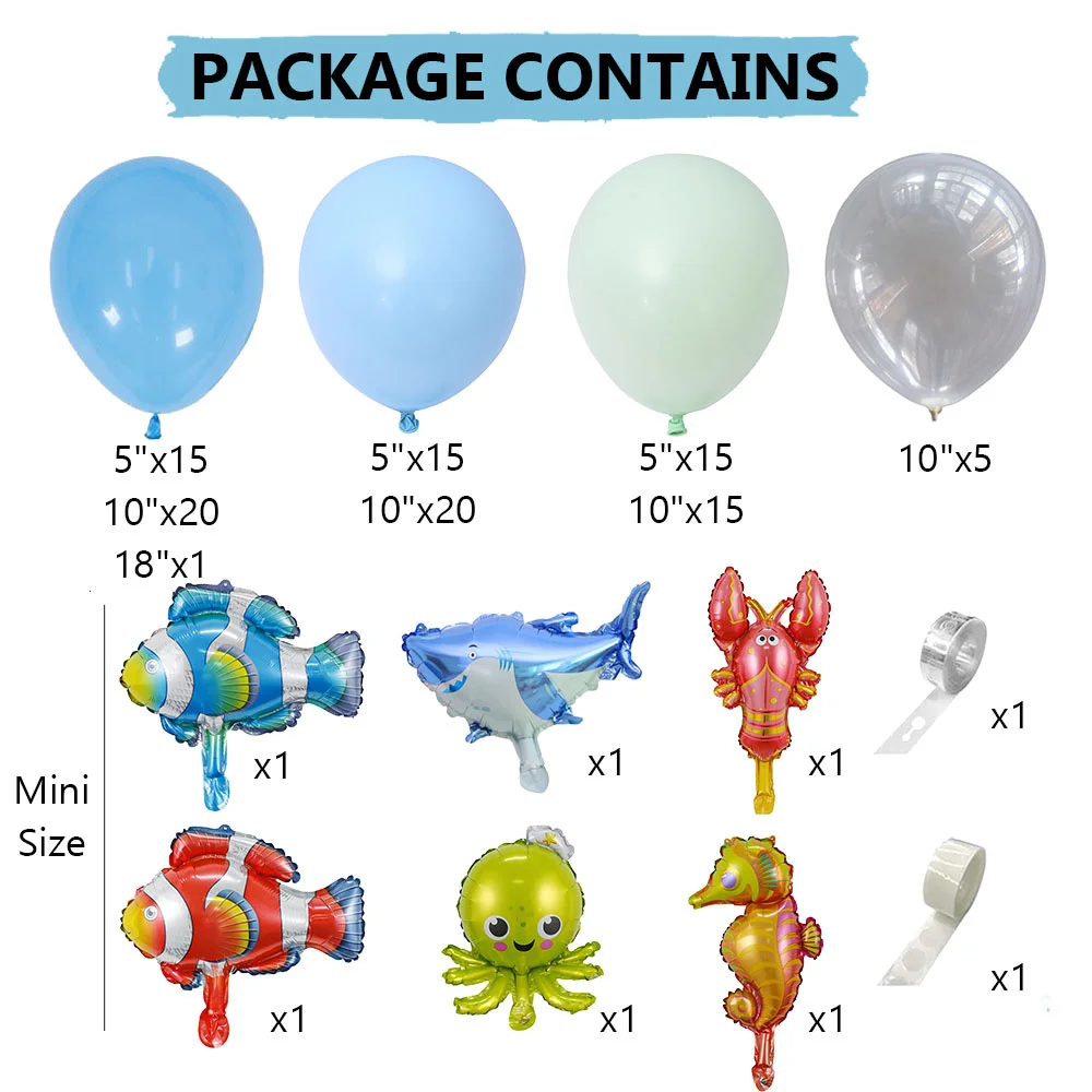 114pcs Ocean World Theme Under The Sea Animal Blue Balloons Garland Kit Birthday Party Decorations Kids Baby Shower Party Supply