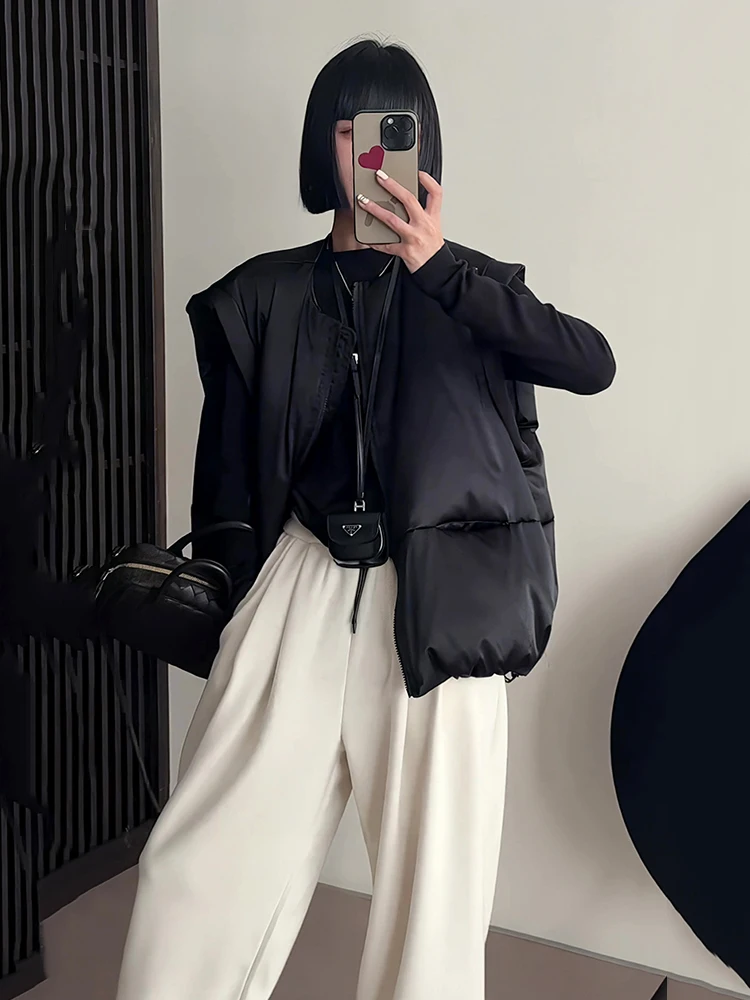 

Осень-зима, пышный атласный теплый пуховый жилет с круглым вырезом, женский теплый повседневный стеганый жилет на молнии, женский жилет без рукавов на белом утином пуху