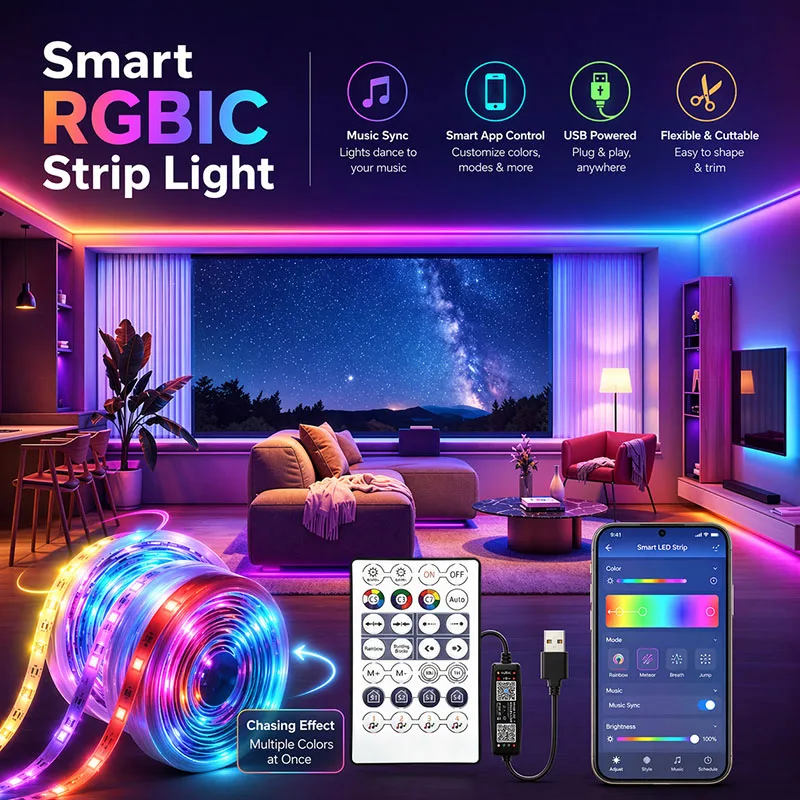 RGBIC-Lichtstreifen mit Verfolgungseffekt, 1-30M USB LED-Band mit Bluetooth-App-Steuerung, Flexibles Lampenband für PC/TV-Hintergrundbeleuchtung, Heim- und Raumdekoration