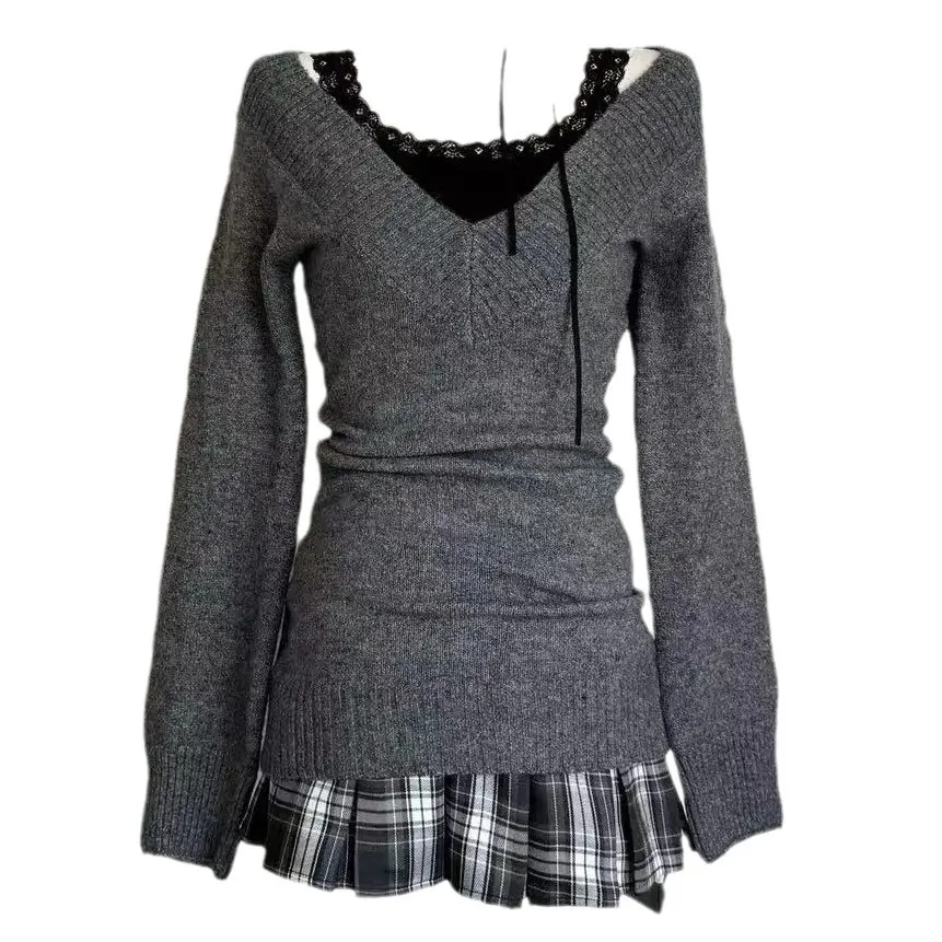 ベーシックフレンチレトロVネック長袖グレーセーターy2kガールジェントルプルオーバーニットセーター