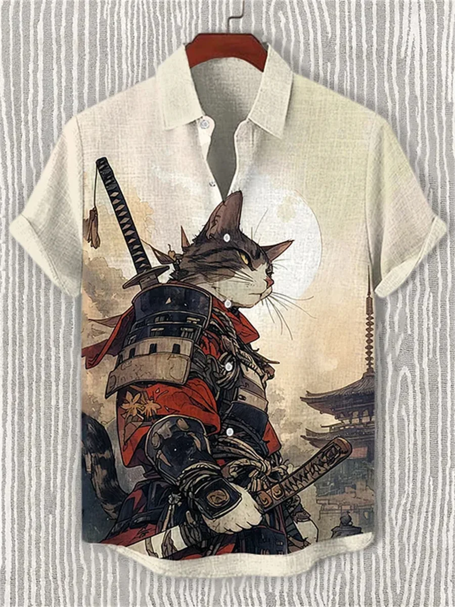 قميص رجالي بأكمام قصيرة مع طباعة قطة، قميص رجالي بياقة، قميص كاجوال فضفاض عصري للشاطئ في الهواء الطلق، قميص هاواي. #1