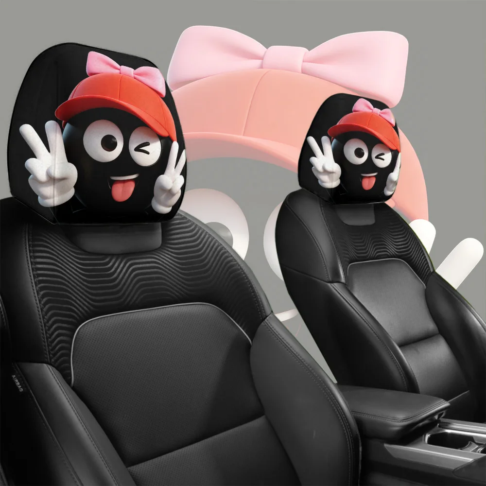 2pcs Cartoon Character Printed Car Headrest Covers | Red Hat with Pink Bow, Playful Expressions, Victory Sign, Stretch Fit