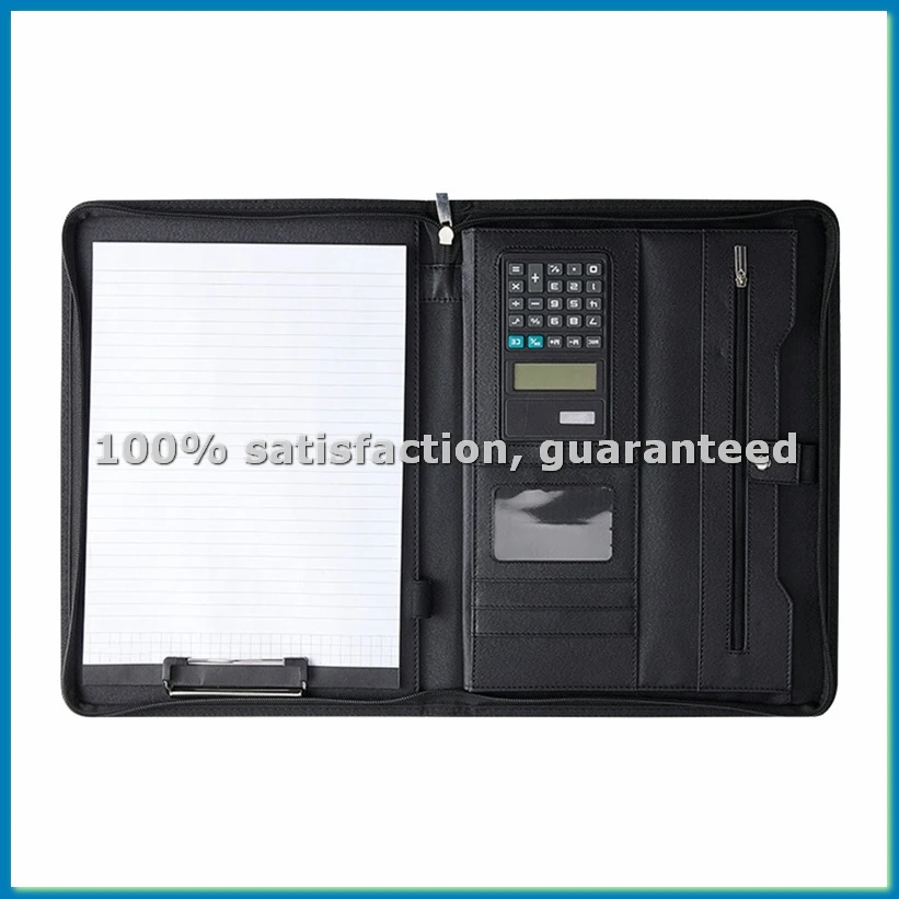 

Leather Portfolio Folder with Zipper for Women/Men, Business Padfolio with Handle, Conference Notepad Folder Black-A12I
