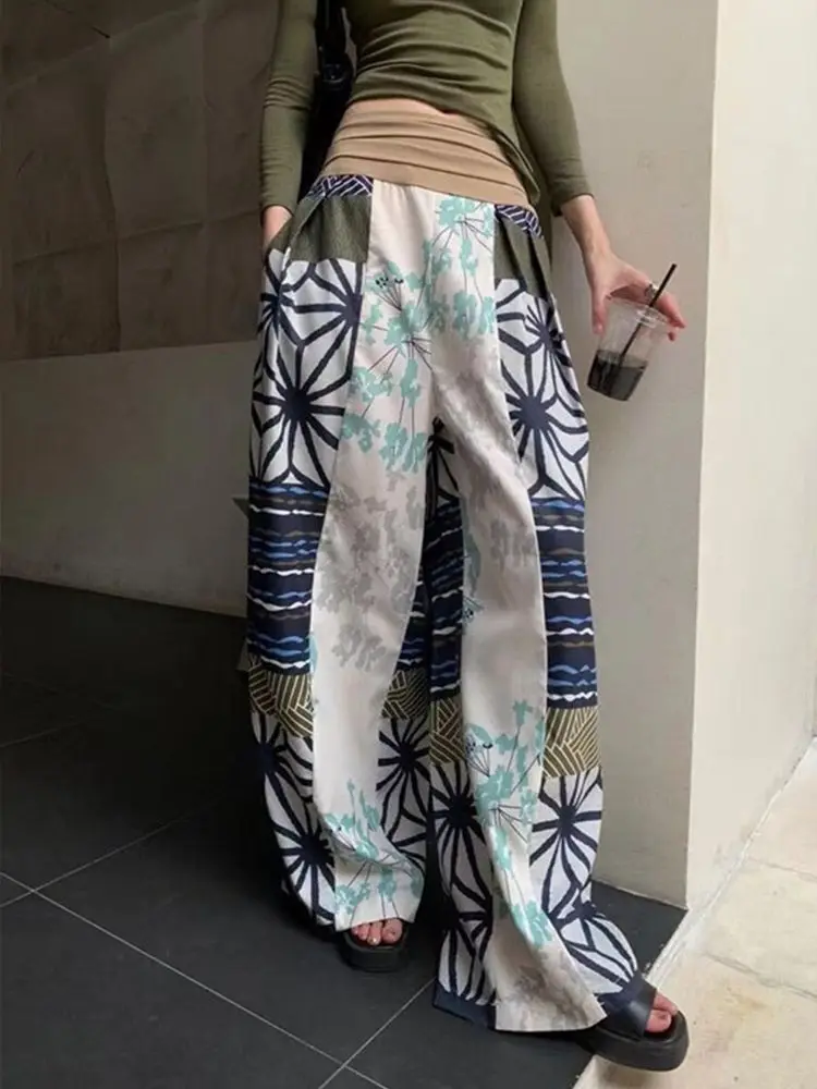 Women's Japanese Patchwork Wide-Leg Pants-Geometric Floral Striped Print, High Waist Drawstring Loose Fit Trousers Spring Summer