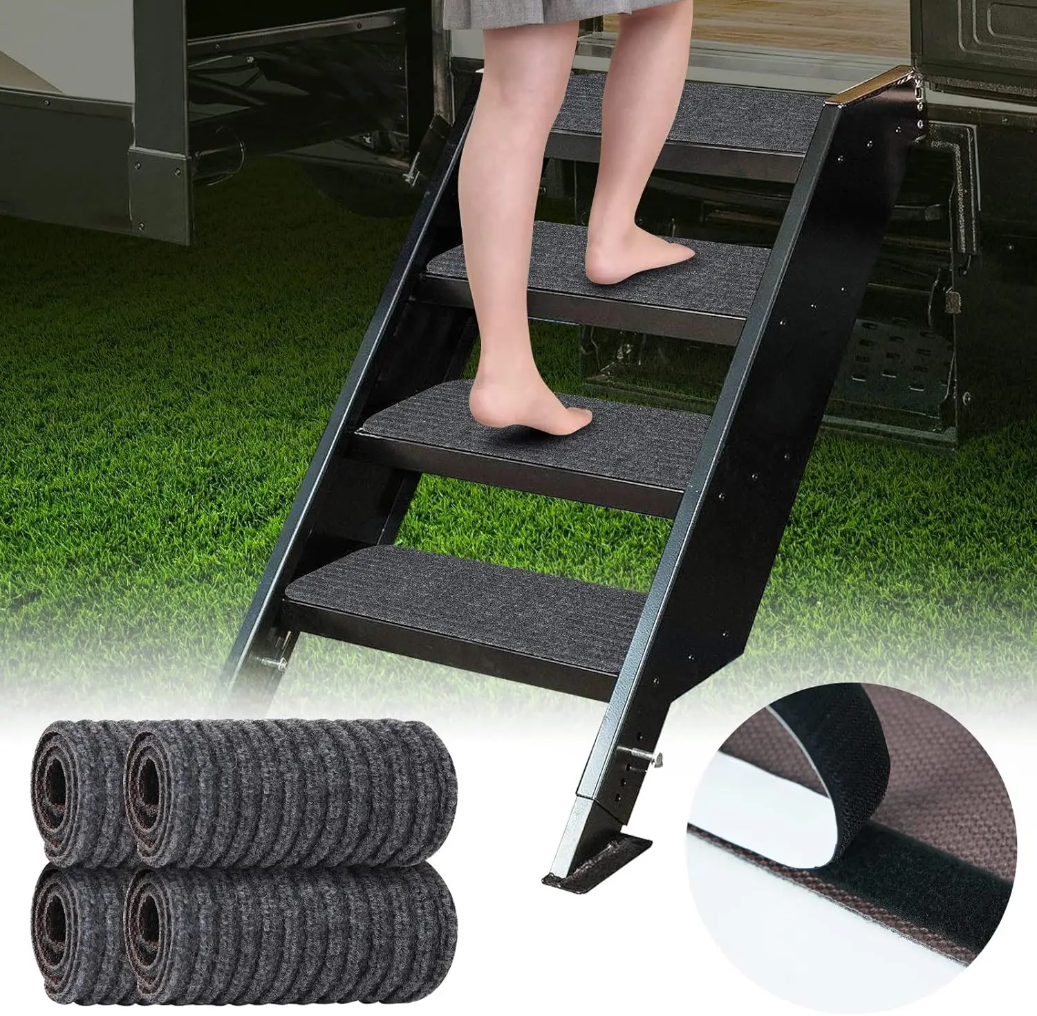 

RV Step Covers 4 Pack RV Step Rug, RV Stair Covers Carpets for Mobile Home, Camper, 24 inch Wide (24”*7.5”, Black)