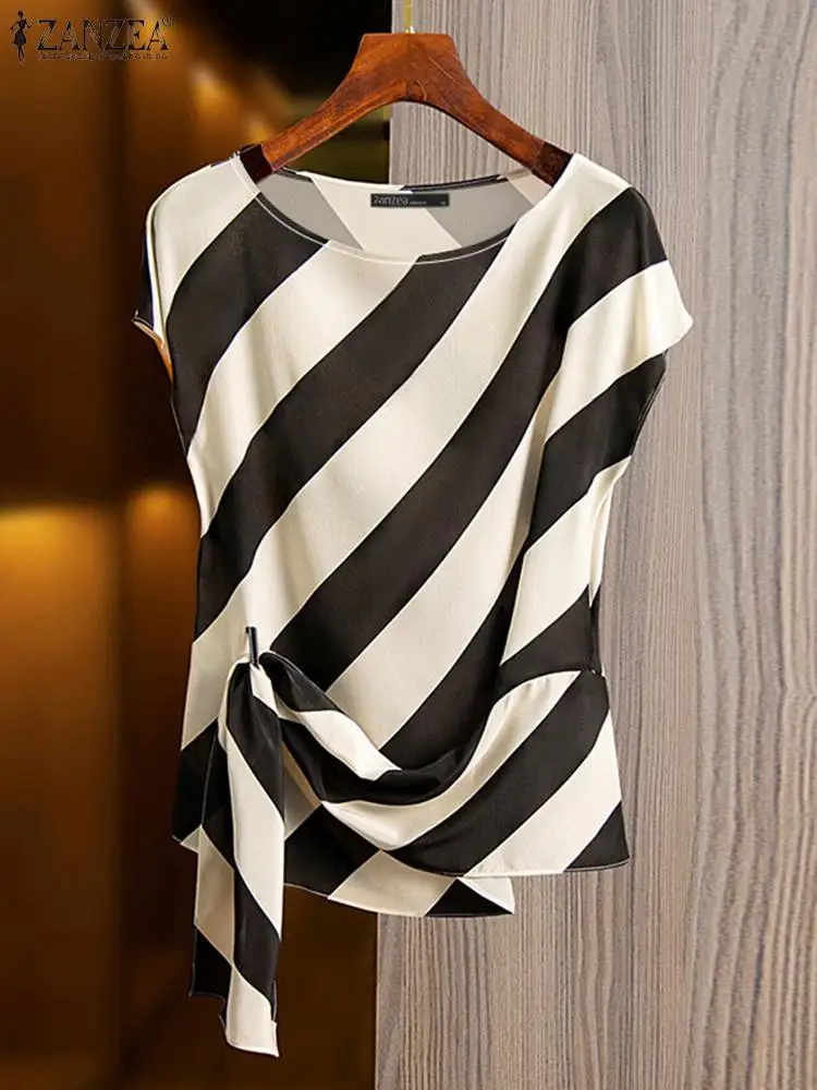 ZANZEA Elegant Party Satin Blouse Women Vintage Stripes Cap Sleeve Tops 2024 Summer Chic Irregular Hem Tunic Loose O-neck Blusas