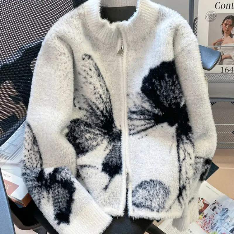 

American Retro Jacquard Butterfly Sweater for Women Fashion Elegant Autumn and Winter Double Zipper Knitted Sweater