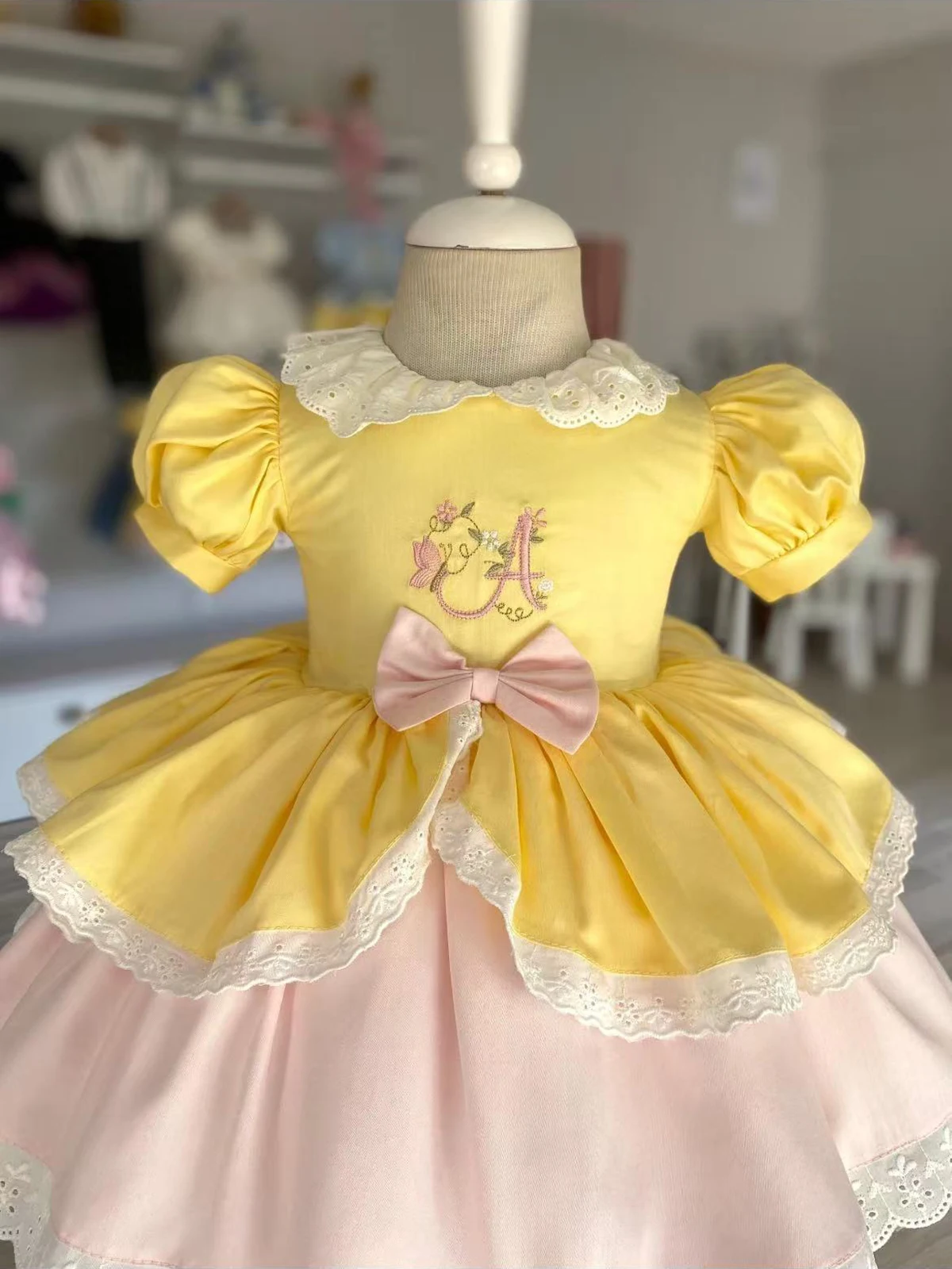 

Summer Girl Cute Letter Embroidery Lace Yellow Pink Dress For Casual Party Birthday Wedding Photography
