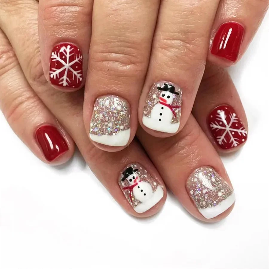 

24Pcs 2024 Christmas Acrylics Nail Tip Cute Snowman Snowflake Red Decorated False Nails Short Square Nails Press on Realistic