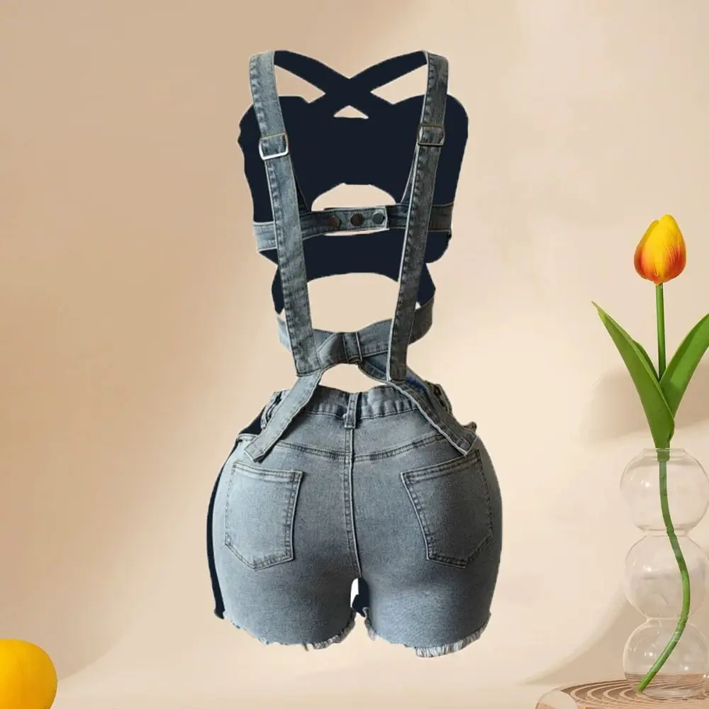 

Harajuku Retro Cowboy Shorts Sets Jumpsuits Cross Belt Denim Crop Top Shorts Hollow Spicy Girl Style Sleeveless Bodysuit Women