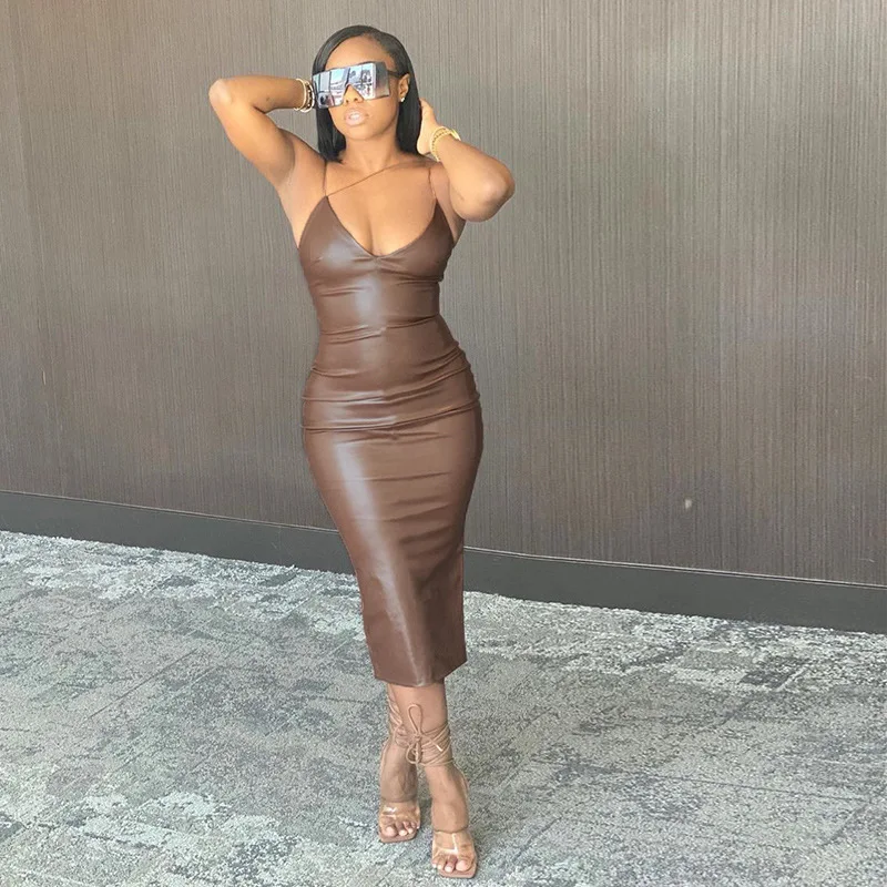 Women's PU Leather Sexy Suspender Dress Fashionable Brown V-neck Slim Back Slit Mid-length Skirt 2025 Spring Summer New Style