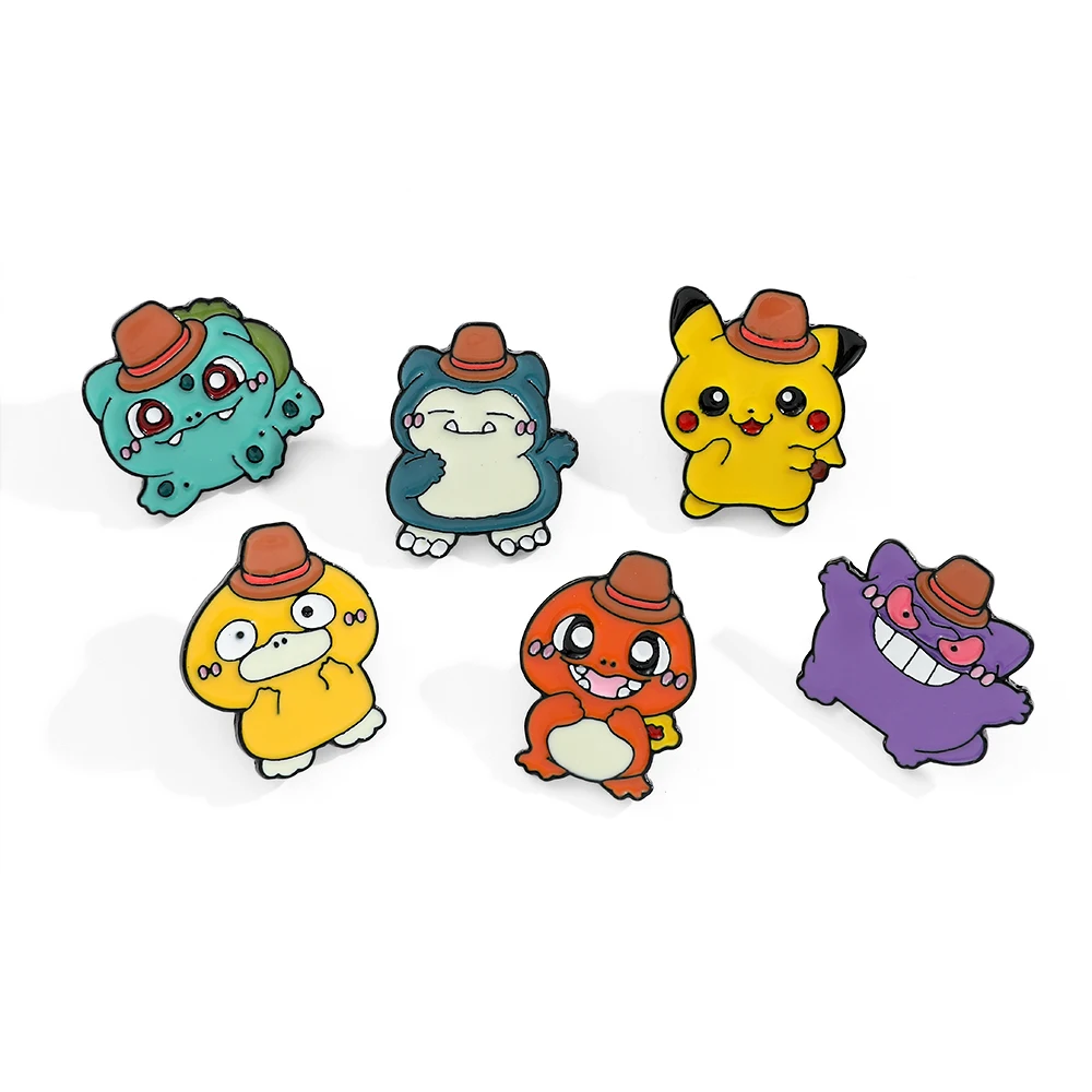 6 Pcs Anime Cartoon Brooch Cute Pikachu Psyduck Gengar Snorlax Enamel Pin Metal Badge Jewelry Clothing Backpack Accessories