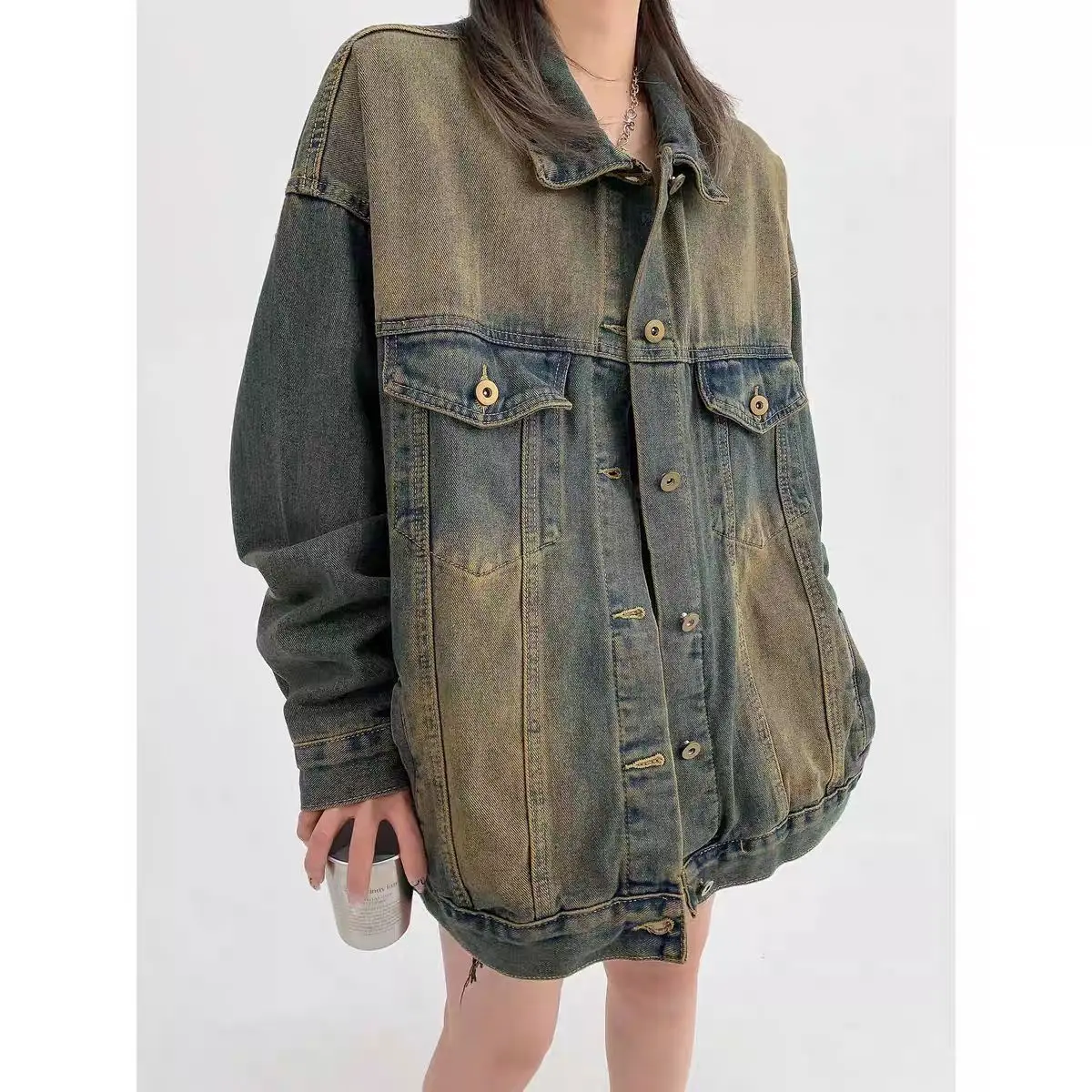

Women's Retro Washed Loose Couples Denim Jacket Jacket Fashion Female Long Sleeve Vintage Casual Single Breasted Thin Coat