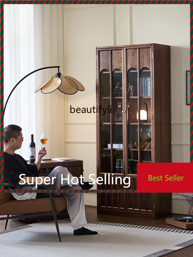 

Solid Wood Vintage Bookcase Black Walnut Middle Ancient Glass Door Display Cabinet Living Room Wine Cabinet Study Storage