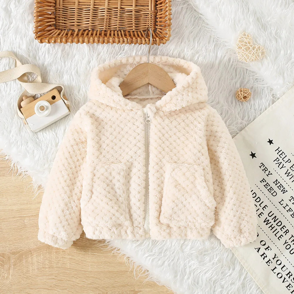 Casual Fur Girls\' Coat Autumn And Winter Girls\' Diamond Grid Fur Solid Color Cute Ear Hooded Zipper Jacket