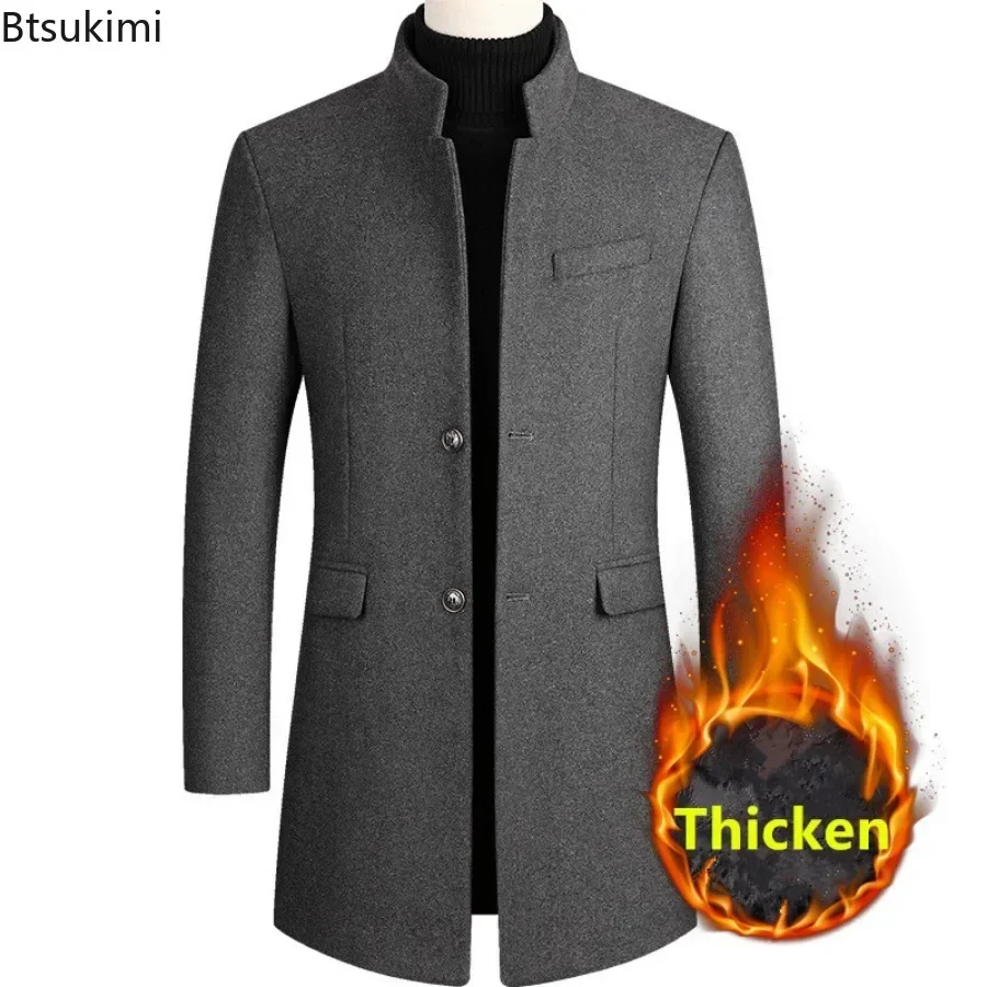 New Men's Mid Length Woolen Trench Coats Thicken Warm Business Casual Wool Blend Coats Stand Collar Slim Winter Jacket Gentleman