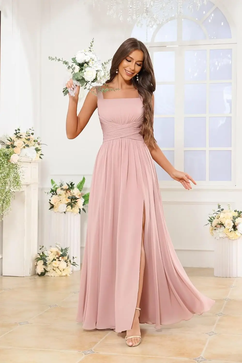 Chiffon Bridesmaid Dress with Ruffled Edges and Thin Shoulder Straps A Long Ball Dress with Pockets Elegant Evening Dress,Formal