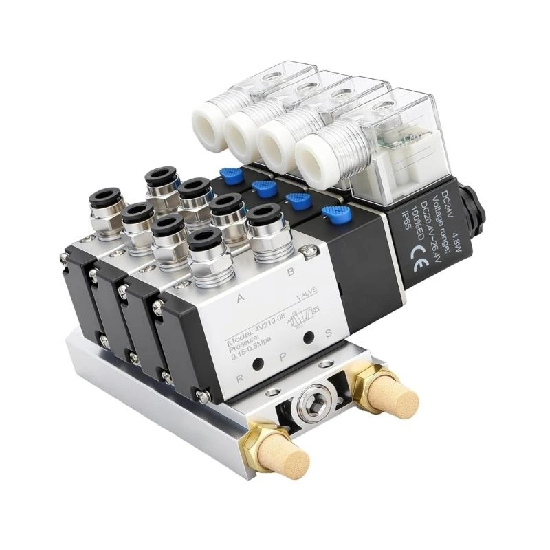 4 Station Pneumatic Solenoid Valves Manifold 5 Way 2 Position Pneumatic Air Control Solenoid Valves Easy to Install JOMD