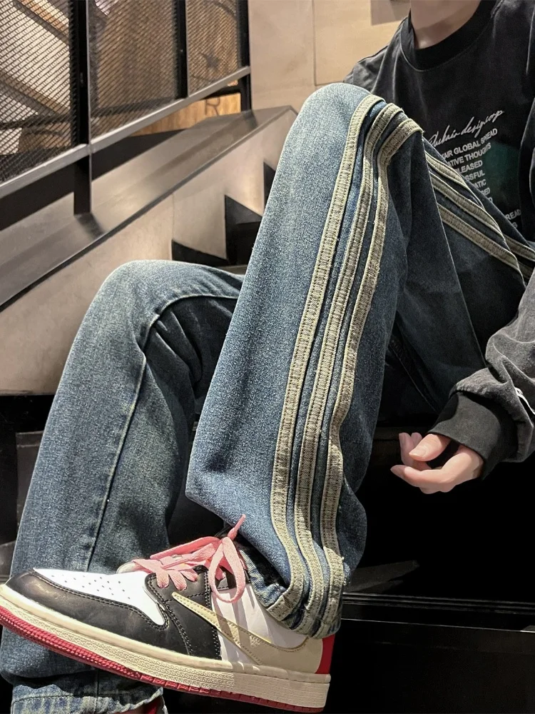 

Модные американские мужские джинсы с боковыми полосками, свободные прямые брюки, молодежные износостойкие длинные брюки для осени