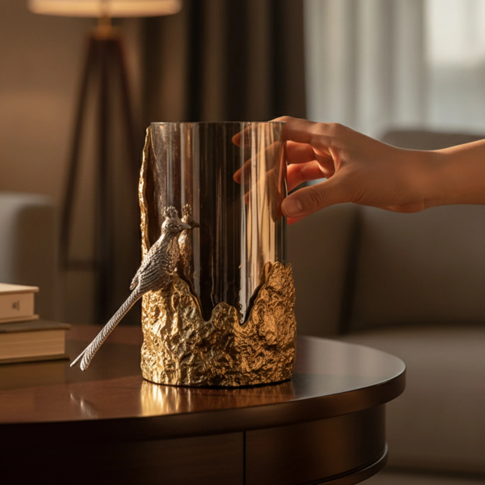 Glass Candle Holder with Bird Textured Cylindrical Candle Holder Glass Cylindrical Glass Shade with Metal Base Luxe Decor Modern