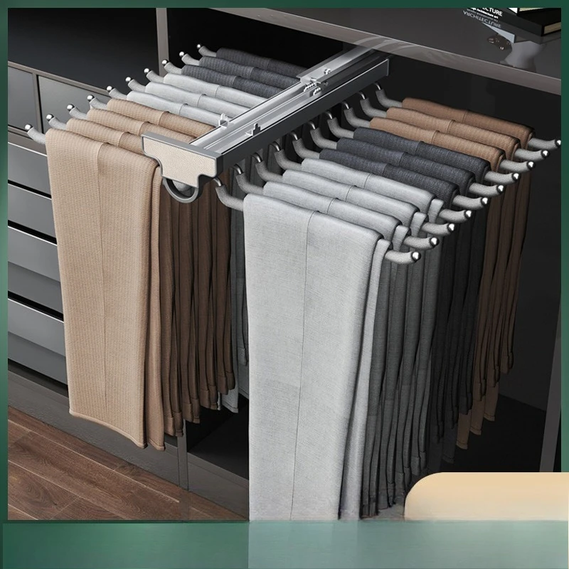 Trousers rack telescopic wardrobe household built-in slide rail pull-out cabinet inner top, side-mounted pull basket