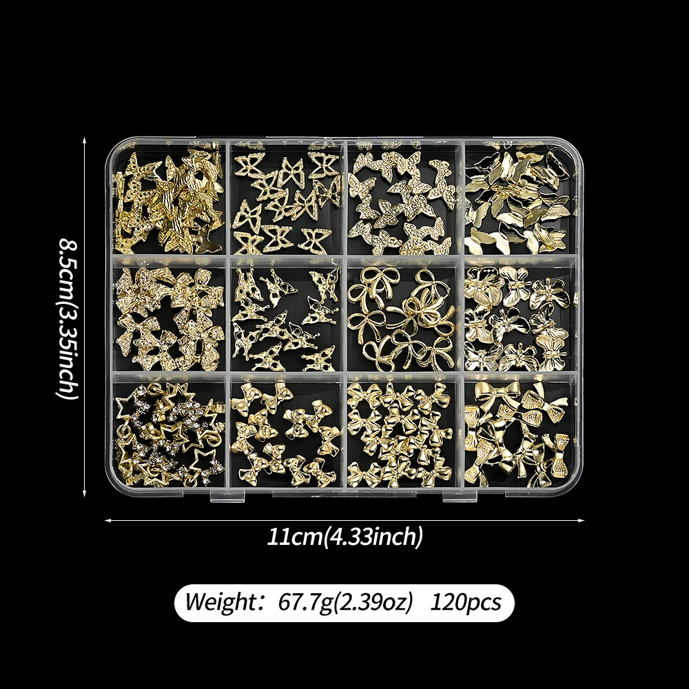 120 Uds. De dijes 3D de aleación dorada mezclada con lazo para decoración de uñas, cinta de Metal de lujo, pajarita, accesorios para uñas, decoraciones para uñas con lazo exquisito