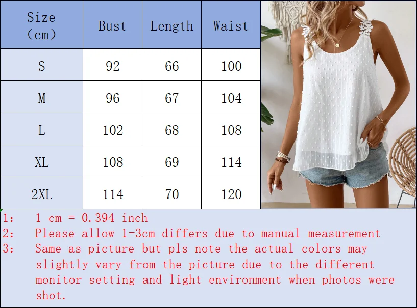 Damen Swiss Dot Chiffon Cami Tank Top mit floraler Spitze, Spaghettiträgern, Rundhalsausschnitt, lockerer, ärmelloser Sommer-Bluse – Detail 1