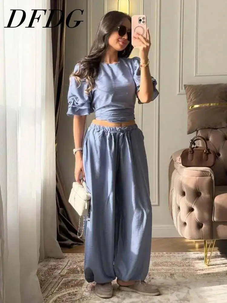 

DFDG Women 2026 Spring Summer Two Piece Puff Sleeve Ruched Cropped Top High Waist Elastic Lantern Pants Casual Loungewear Set
