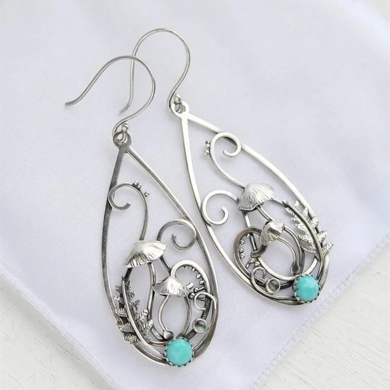 BKBK Antique Silver Hollow Teardrop Frame Mushroom Fern Turquoise Wire Hook Dangle Women Earrings Wedding Earrings for Valentine Halloween Spring Forest Witchy Bridal Jewelry for Brides Bridesmaids Adult Ladies Outdoor Camping Occasion