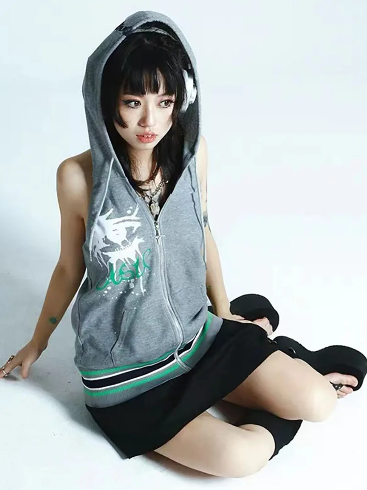 

Vintage Graffiti Print Hooded Vest Top Women Y2K Harajuku Backless Sleeveless Zipper Tank Jacket Sexy Gothic Streetwear T-shirts