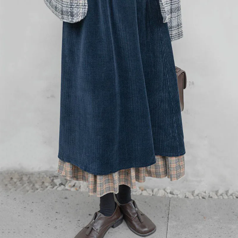 Vintage sztruksowe spódnice midi damskie wysokiej talii Plaid Patchwork spódnice linii jesienno-zimowa casualowe w stylu Streetwear odzież damska