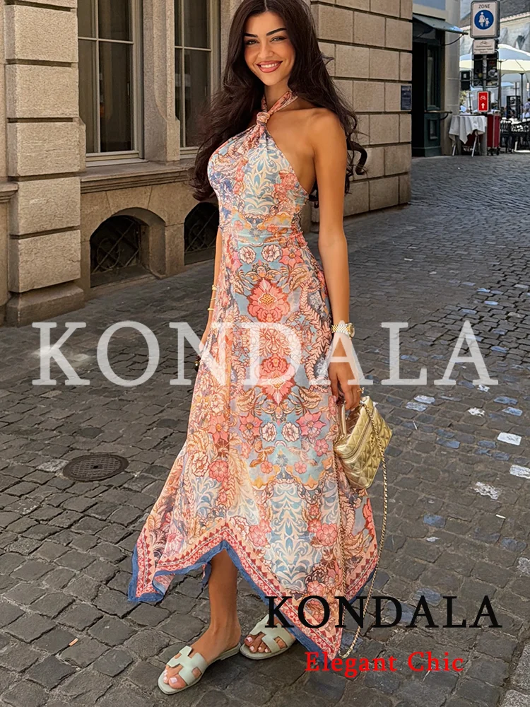KONDALA Women Trendy Beach Print Halter Dress Backless Sleeveless Long Dress New Fashion 2026 Spring Summer Holiday Cute Dress view 4