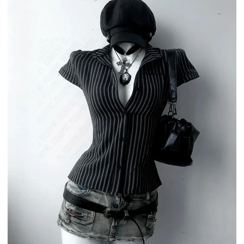 

Y2K Stripes Slim Fashion Punk Women Tide Goth Aesthetic Camisole Harajuku Classic Soft Hot Singlet Mature Short Sleeve Clothing