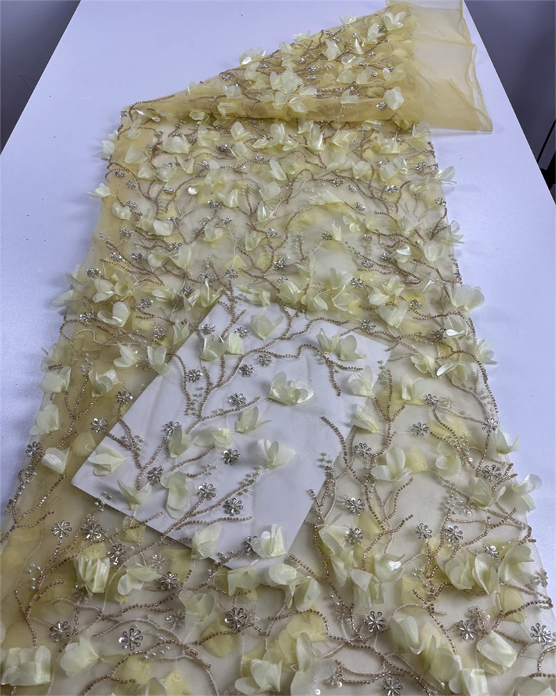3Dフラワーフレンチレース生地、ビーズネット、ウェディング用スパンコール付きアフリカンレース、高品質
