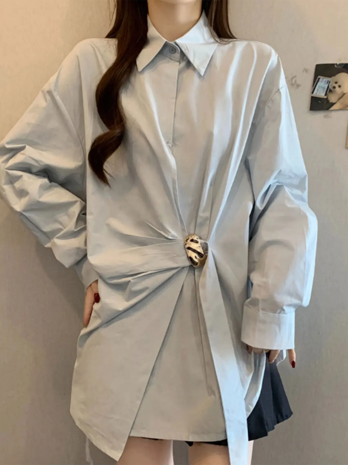 

Blue Long Sve irt Women's Spring 2026 Casual Sle plus Size Conceal Belly Belted Asymmetrical Comfortable Top