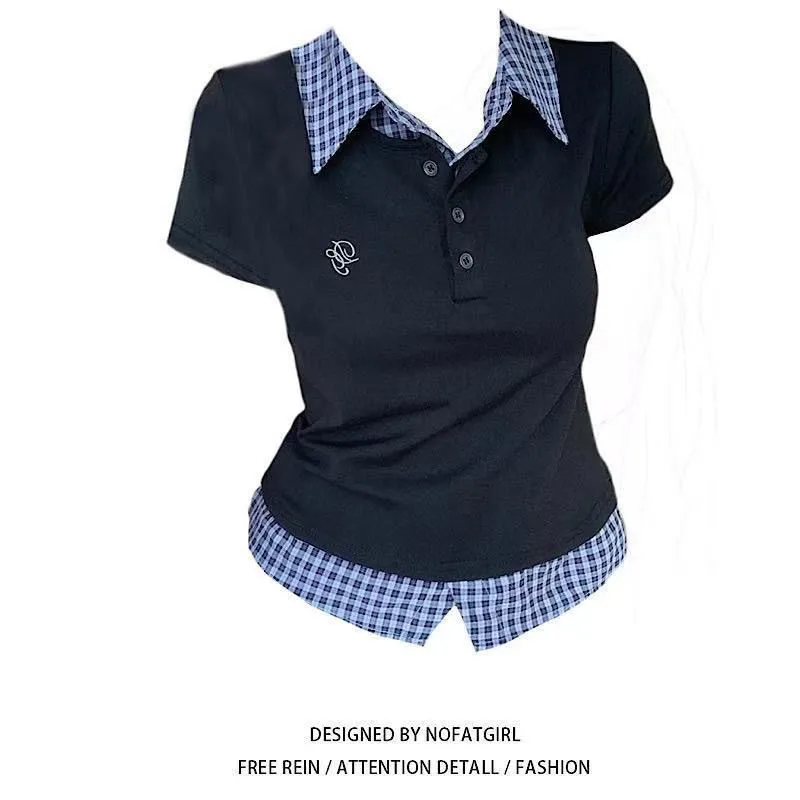 Preppy Collared T-Shirts for Women Splicing Design Short Sleeve Plaid Tees Slim Fit Casual Summer Fake Two Piece Basic Shirts