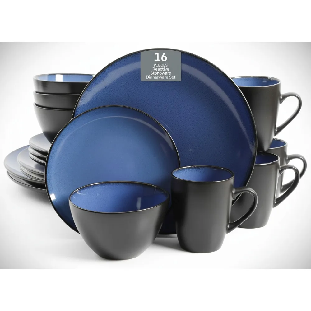 

Современный набор столовой посуды из камня Reactive Glaze на 4 человека, синяя элегантная посуда, которую можно мыть в посудомоечной машине