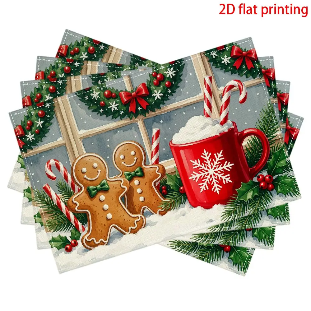 Vintage Santa Riding Sleigh Pulled By Reindeer With Holly And Gold Ornament Border Linen Placemat For Christmas Table Display